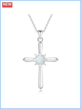 Sterling Silver October Birthstone Opal Cross Necklace Halo Infinity 16+2"